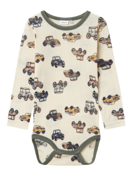 NAME IT WANG WOOL NEEDLE LS BODY- Ullbody NOOS, Snow White AOP, Bilmønster, 86-104 cm