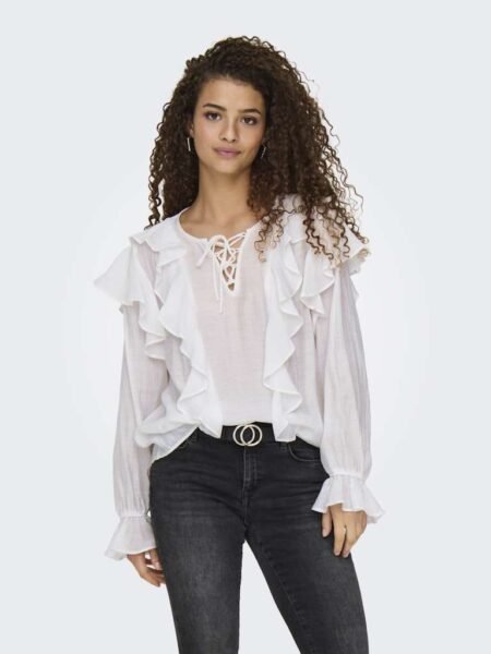 JDY BETH L/S FRILL TOP WVN- Bluse Med Rysjer, Cloud Dancer- Offwhite