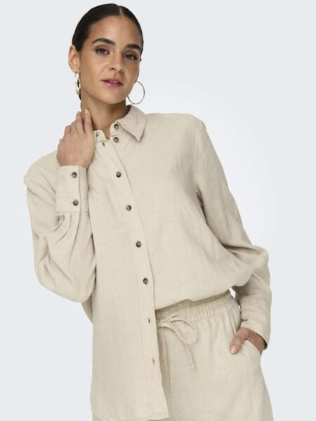 JDY SAY L/S LINEN LOOSE SHIRT, Linskjorte, Oatmeal MELANGE/Beige/ Linfarget