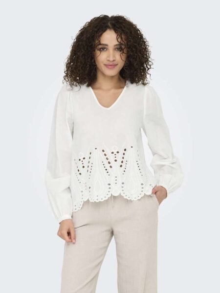 JDY MILEY L/S ANGLAISE TOP,Bluse, Cloud Dancer/ Hvit