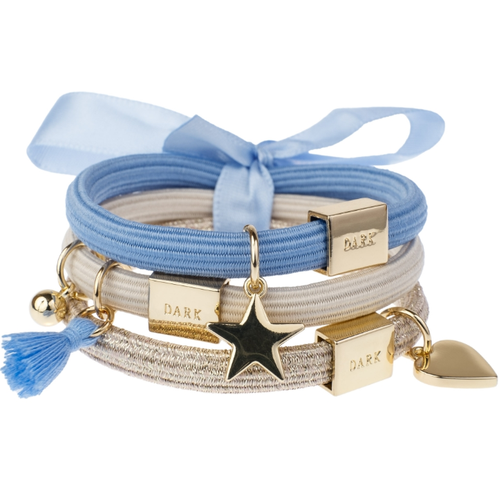 HAIR TIES 3 PK CHARM COMBO SAND & BLUES W/GOLD HAIR TIES 3 PK CHARM COMBO SAND & BLUES W/GOLD