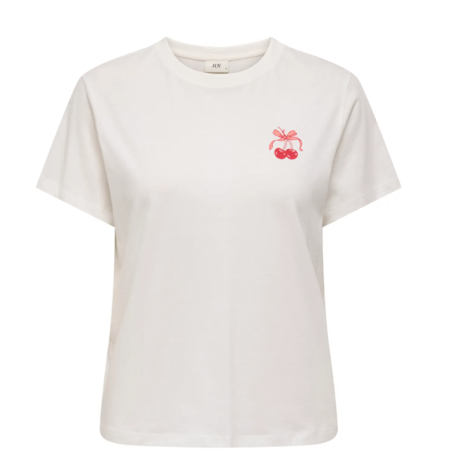 JDY DAISY S/S PRINT TOP JRS T Skjorte, Cloud Dancer FRONT/BACK CHERRY