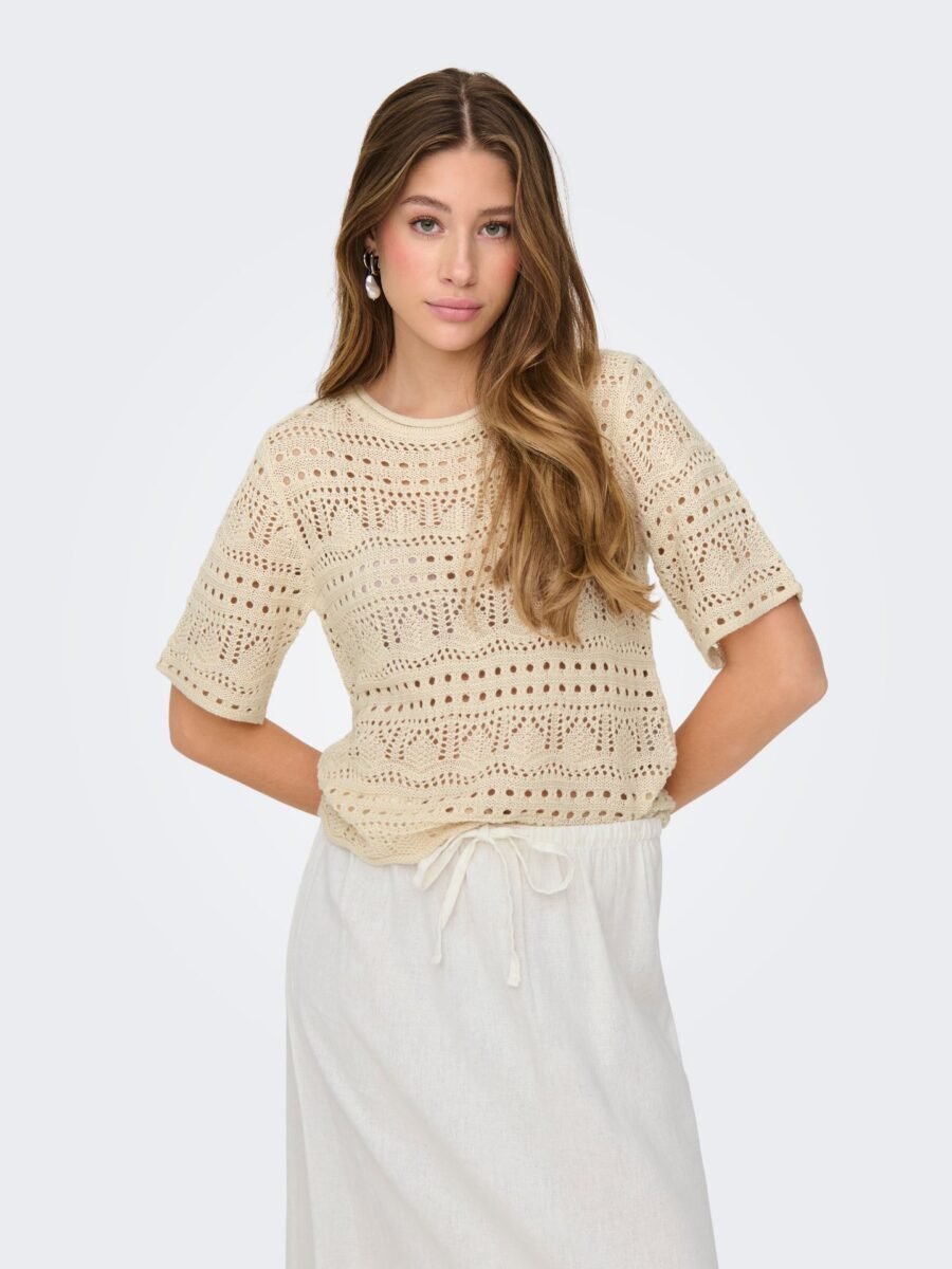 JDY SUN LAY 2/4 PULLOVER KNT, Heklet Genser Med 2/4 Arm, Tapioca - Bilde 2