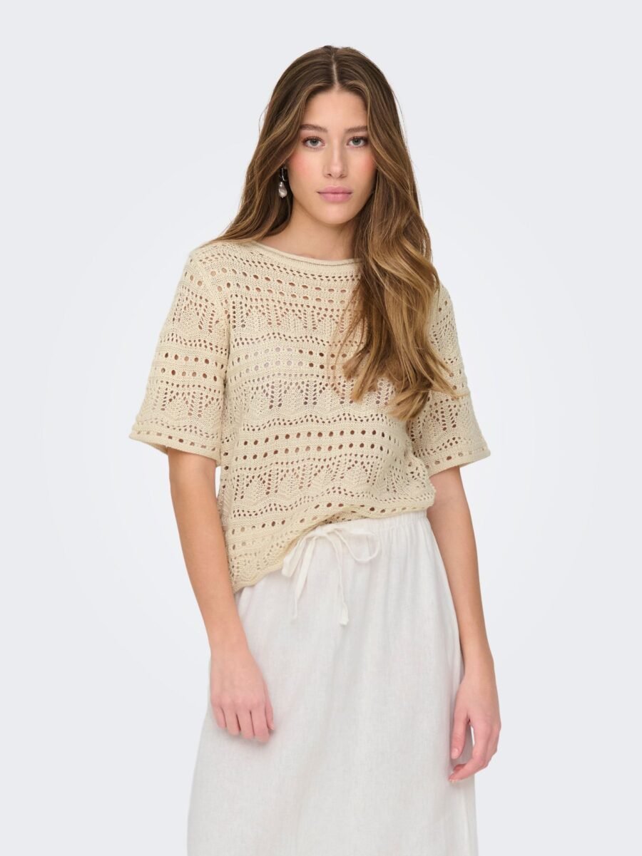 JDY SUN LAY 2/4 PULLOVER KNT, Heklet Genser Med 2/4 Arm, Tapioca