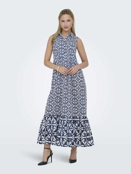 JDY ANNA S/L MAXI DRESS, Maxikjole,Navy Blazer BORDER_CLOUD_DANCER_ETHNIC, Mørk blå