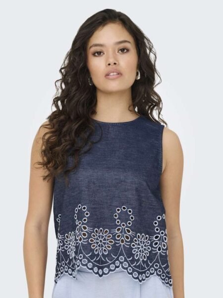 JDY MARGOT S/L EMBROIDERY TOP WVN, Medium Blue Denim_WHITE EMBROIDER, Brodert Demin Top