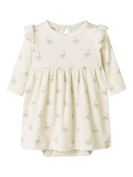 LIL ATELIER, GAVO EGE LS BODY DRESS, Kjole, Pastel Parchment SWAN, Svaner