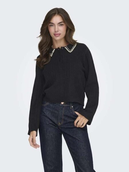 JDY APRIL LIFE L/S PEARL COLLAR PULL KNT, STRIKKEGENSER, Black WHITE PEARLS, Svart Med Hvite Perler