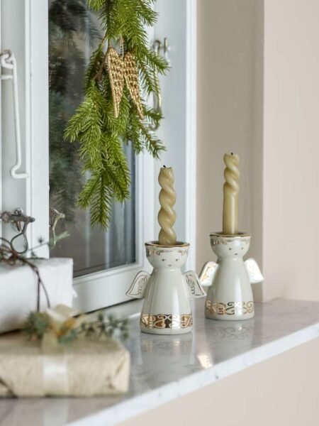 Bloomingville, Faella Lysestake, Hvit, Steintøy, Sett med 2 Engler