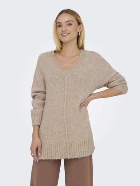 JDY MALONE L/S V-NECK LONG PULLOVER KNT, Strikkegenser, Greige MELANGE, Beige
