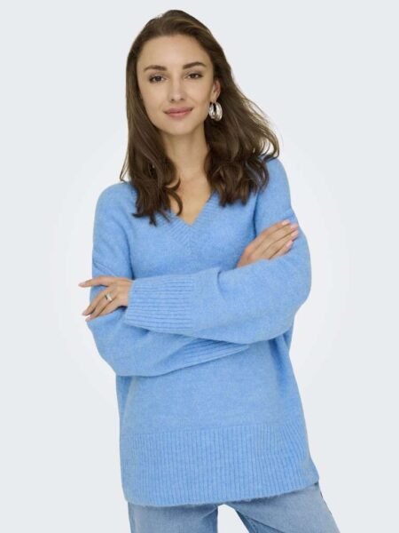 JDY MARINA L/S V-NECK PULLOVER KNT, Strikkegenser, Ebb And Flow MELANGE, Blå