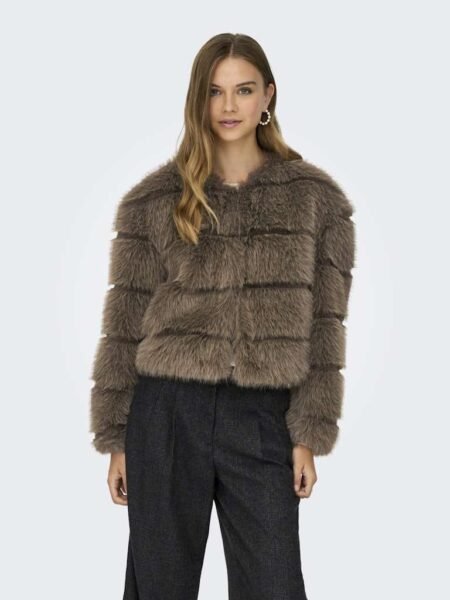 JDY OFELIA FAUX FUR JACKET- Jakke I Fuskepels, OTW SIE, Shitake- Dempet Brun