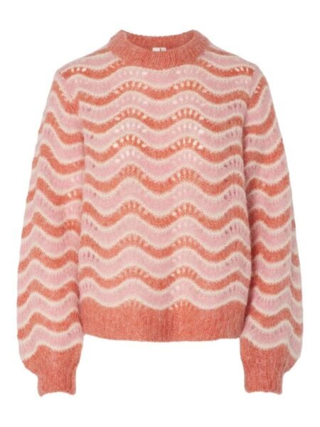 YAS EMANI LS WOOL BLEND KNIT PULLOVER S. STRIKKEGENSER, Hot Coral Tickled Pink + Birch