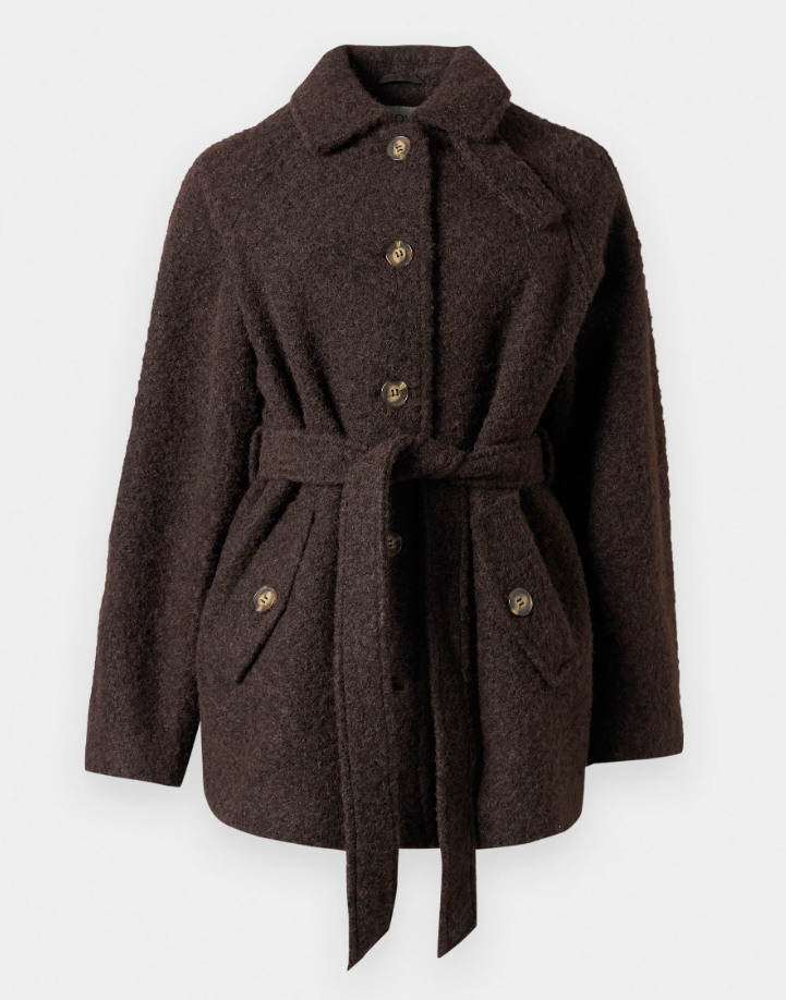 JDY NEVADA BOUCLE BELT COAT, Kåpe, Jakke,Chocolate Torte, Mørk brun