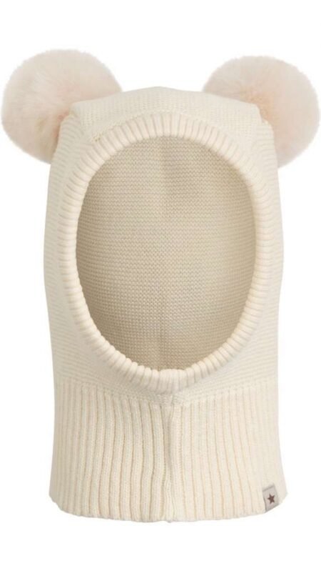 Huttelihut Balaclava Knit w. Pompoms- Strikket Lue Med Dusker, Antique White