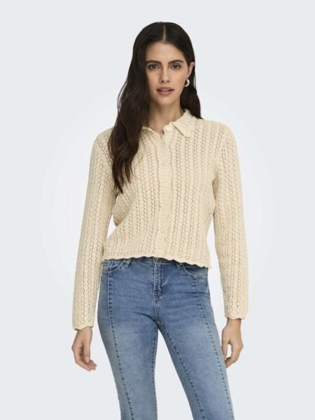 JDY CAMIL L/S COLLAR CARDIGAN KNT- Strikket Cardigan I Bomull, CremeBirch