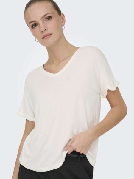 JDY SISSY S/S V-NECK TOP JRS NOOS- T Skjorte I Viskose, Cloud Dancer/ Offwhite