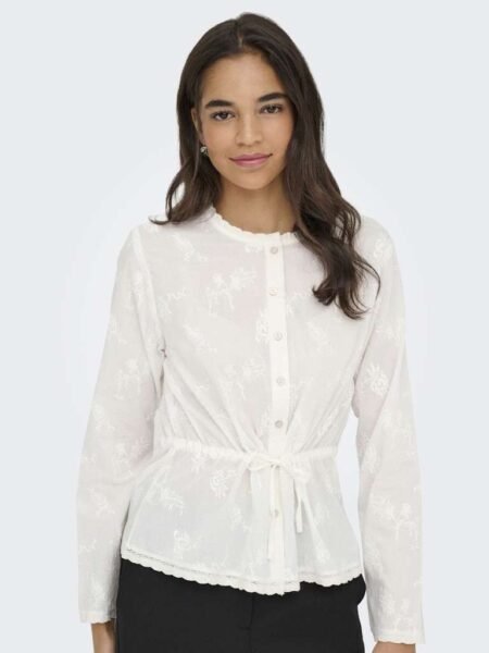 JDY MELLIE L/S EMB. STRING SHIRT WVN, BLUSE, Cloud Dancer EMBROIDERY