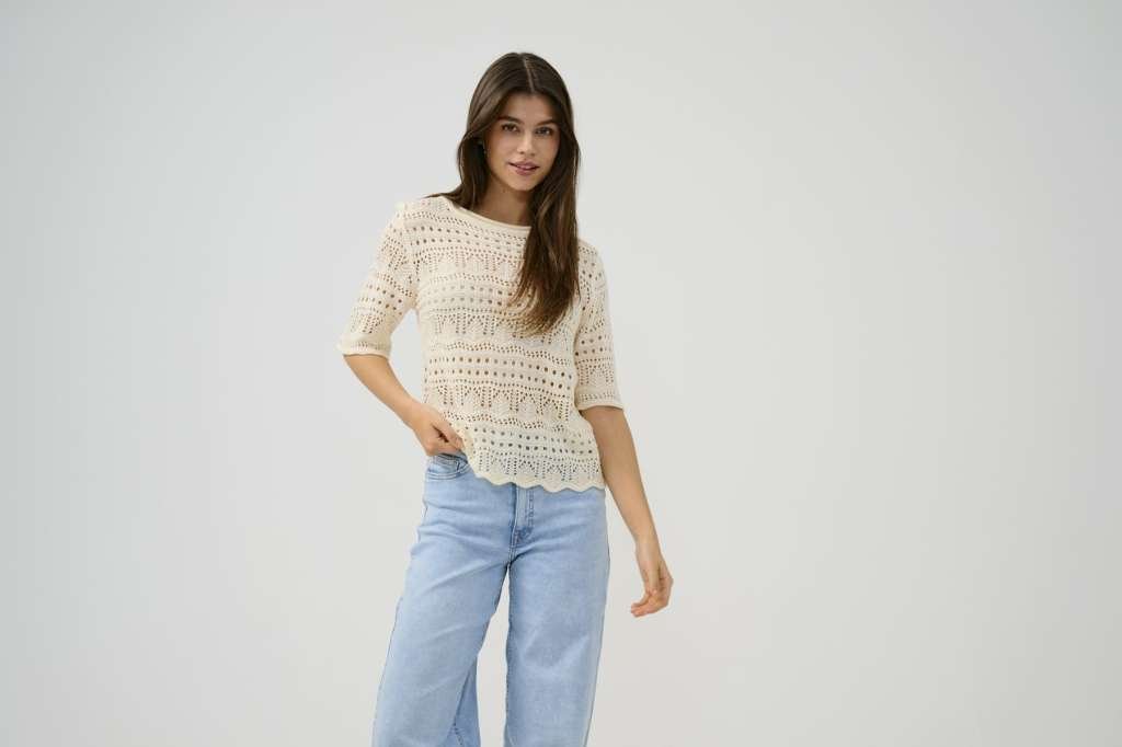 JDY SUN LAY 2/4 PULLOVER KNT, Heklet Genser Med 2/4 Arm, Eggnog, Offwhite