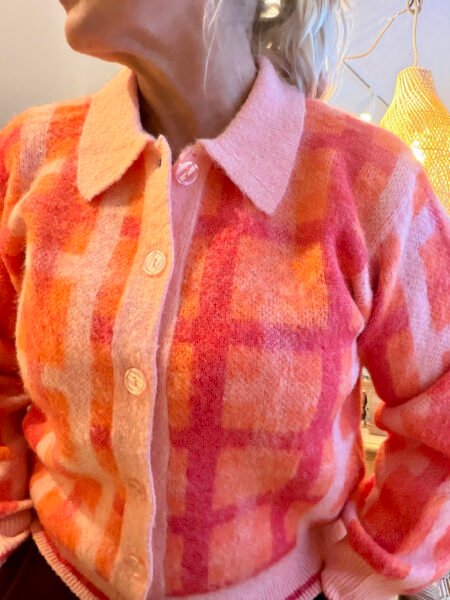 JDY PROMISE LIFE L/S COLLAR CARDIGAN KNT, Peach Bud NASTURTIUM/HIGH RISK RED CHECK