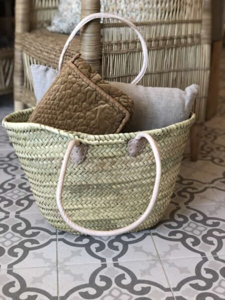 Håndlaget Stråveske, Fransk Markedskurv Med Skinnhåndtak