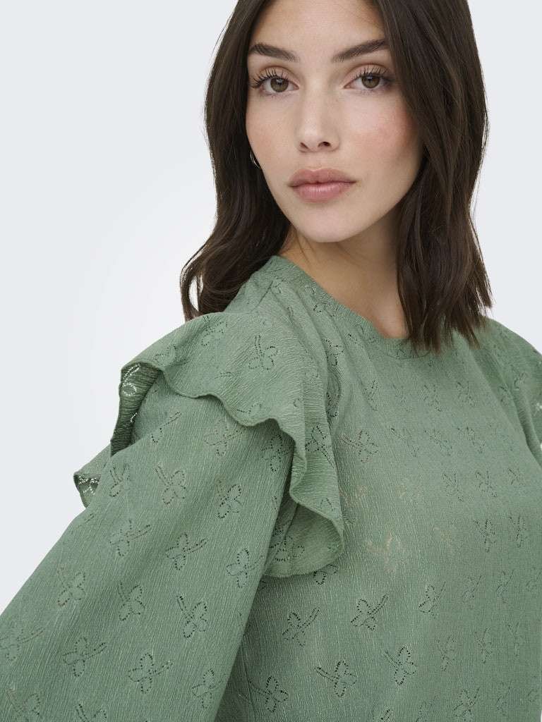 JDY LOLLIE LIFE L/S FRILL TOP JRS, BLUSE, Hedge Green