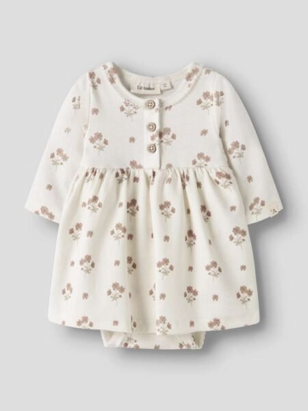 LIL ATELIER LAYO SIF LS BODY DRESS, Kjole, Coconut Milk FLOWER PINK - Offwhite med Rosa Blomster