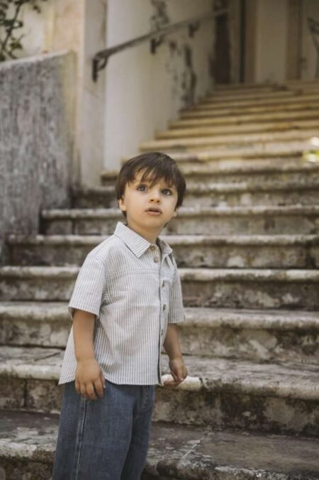 LIL ATELIER DARKO SS LOOSE SHIRT- Kortermet Skjorte, : Coconut Milk- Stripet støvet Blå , Offwhite