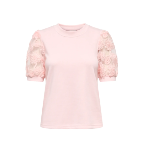 JDY FAIRVIEW LIFE S/S SWEAT JRS - Topp/ Kortarmet, Chalk Pink Flower Lace - Rosa