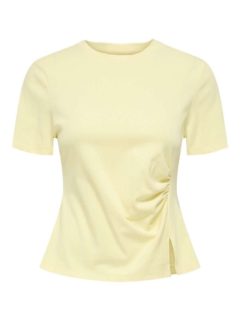 JDY TESSA S/S DETAIL TOP JRS, T Skjorte Med Detaljer, Double Cream- Lys Gul