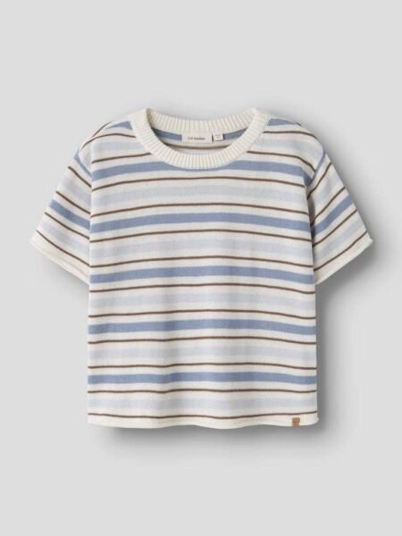 LIL ATELIER HITO SS LOOSE KNIT- Tynnsrikket T- Skjorte, Coconut Milk DUSTY BLUE