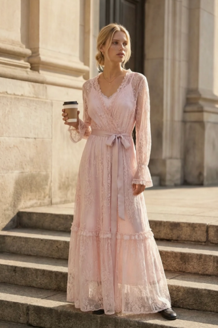 Frime Long lace dress - Lang Blondekjole, Rose- Dus Rosa I Viskose Og Bomull, One Size