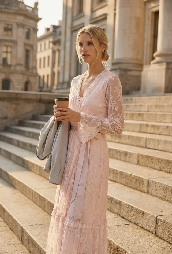 Frime Long lace dress - Lang Blondekjole, Rose- Dus Rosa I Viskose Og Bomull, One Size - Bilde 2