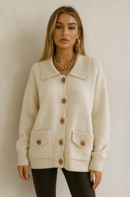 Frime Kort cardigan med bred krage og gullknapper, One Size