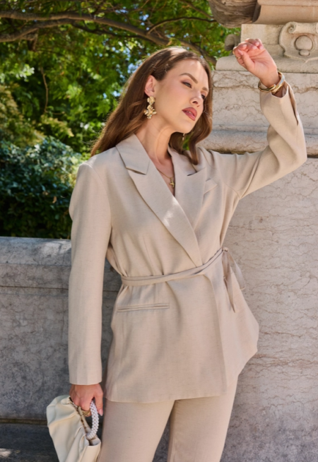 Frime Blazer med belte I Viskoseblanding, Beige