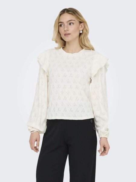 JDY LOLLIE LIFE L/S FRILL TOP JRS, BLUSE, Cloud Dancer