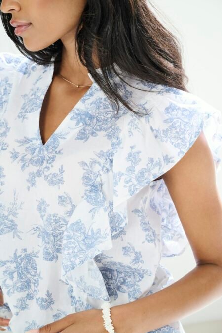 JDY ALBERTE S/L FRILL TOP WVN EXP - Kortermet Bluse, Cloud Dancer ABSTRACT FLOWER