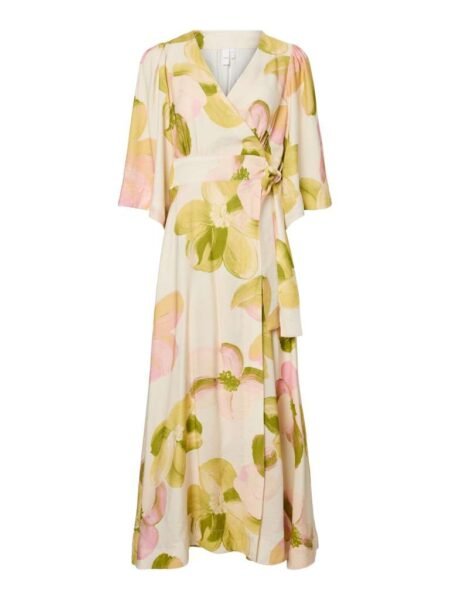 YAS MARGA 3/4 WRAP LONG DRESS S. NOOS , Kjole , AB-8 Pristine_MARGA AOP, Storblomstret Mønster