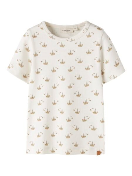 LIL ATELIER GAYO SOR SS SLIM TOP, T  Skjorte Med Seilbåt Motiv, Coconut Milk BOAT