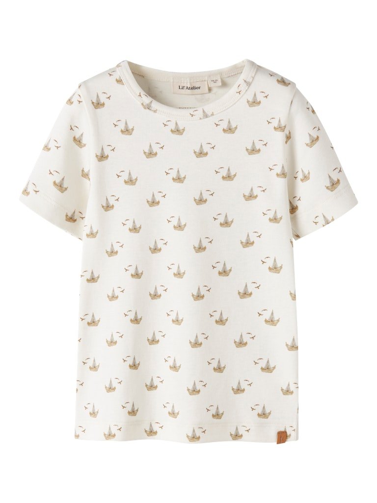 LIL ATELIER GAYO SOR SS SLIM TOP, T Skjorte Med Seilbåt Motiv, Coconut Milk BOAT
