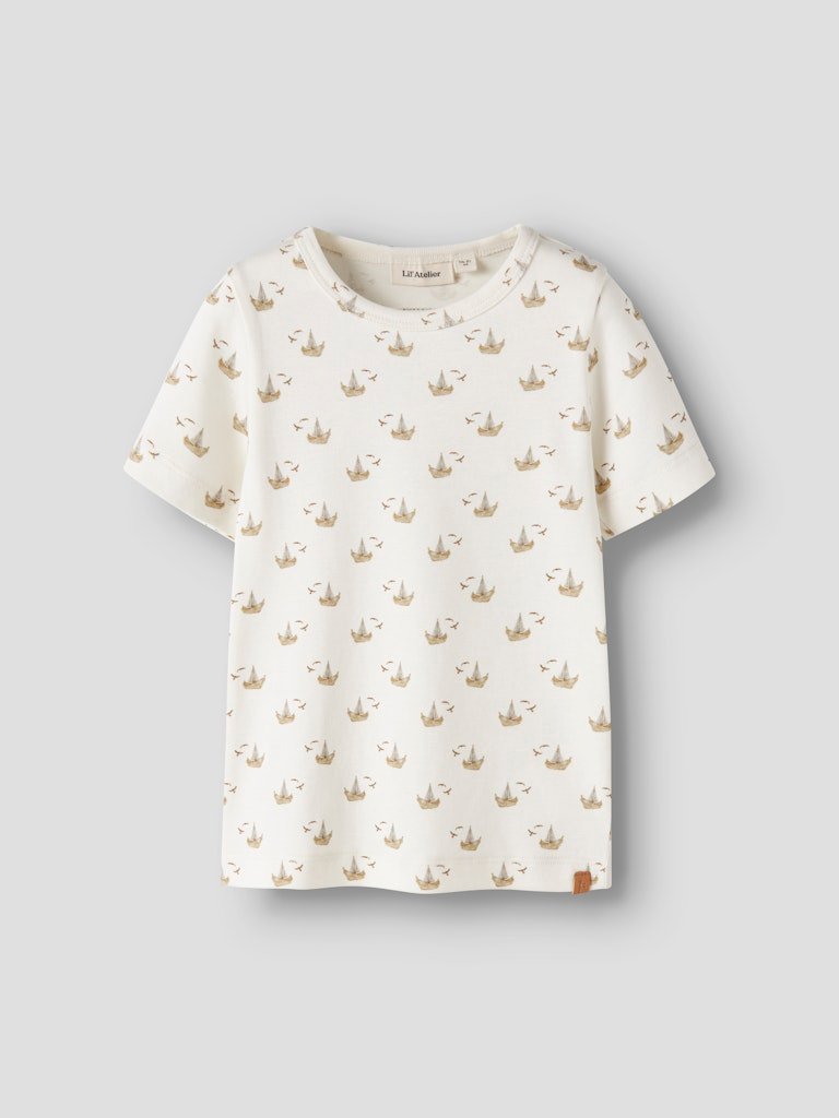 LIL ATELIER GAYO SOR SS SLIM TOP, T Skjorte Med Seilbåt Motiv, Coconut Milk BOAT - Bilde 3