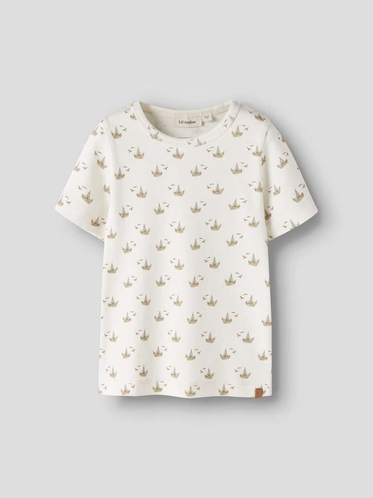 LIL ATELIER GAYO SOR SS SLIM TOP, T Skjorte Med Seilbåt Motiv, Coconut Milk BOAT - Bilde 6