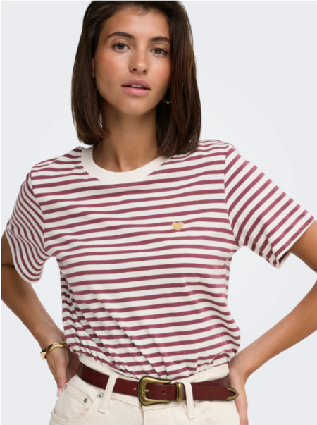 JDY PISA S/S PRINT TOP JRS NOOS- T Skjorte ,  Cloud Dancer NEW STRIPE WINDSORWINE W GOLD HEART