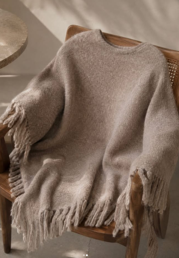 Rève, Caroline Poncho med Frynser, One Size, Sand/Beigemelert - Bilde 2