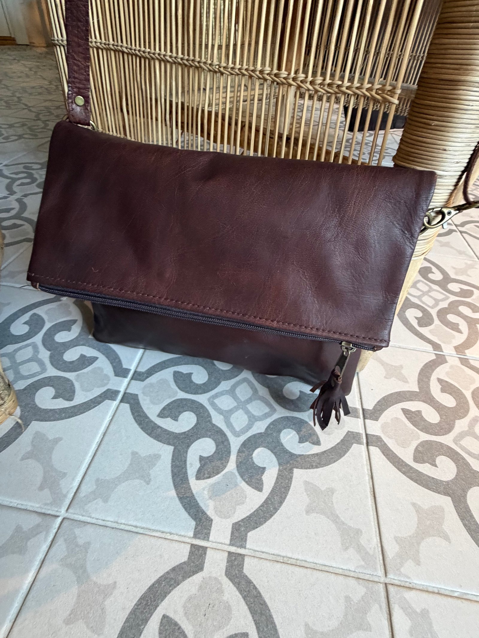 Melencraft Håndlaget skinnveske, Handmade Berber Leather Shoulder Bag, Mørk Brun - Bilde 3