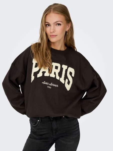 JDY MESA L/S O-NK EMB SWEAT JRS, Ganache PARIS