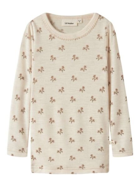 LIL ATELIER, NALU WO/MO LS SLIM TOP LILTurtledove FLOWER/Blomster, MERINOULL/MODAL