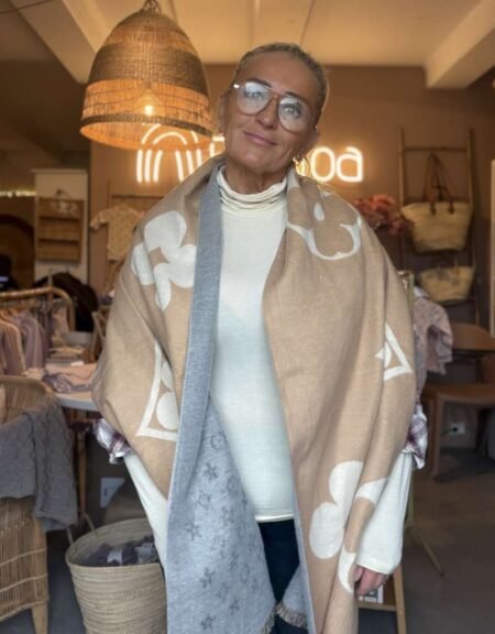 Fianoa Sjal i LV Mønster, Tosidig, Beige, Offwhite,Grått