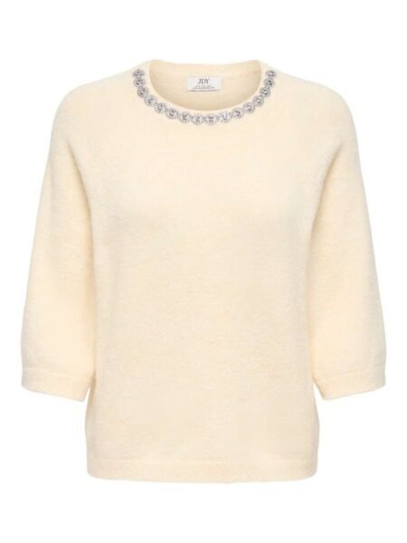 JDY ALVA 3/4 EMBELLISH PULL KNT, Strikketopp, Crème Brûlée W. SILVER