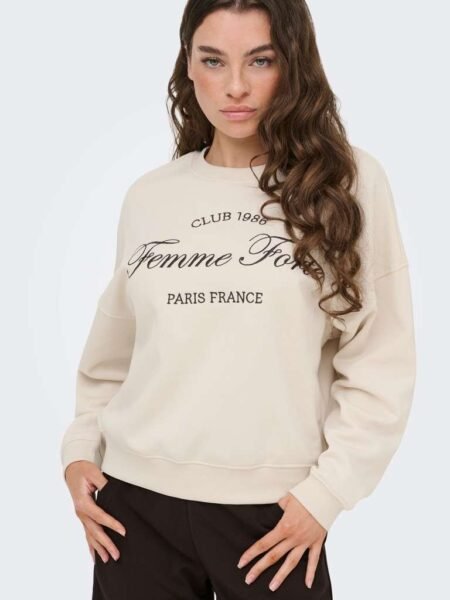 JDY MESA L/S O-NK EMB SWEAT JRS, Genser Birch FEMME EMB, Offwhite Med Brunt Broderi